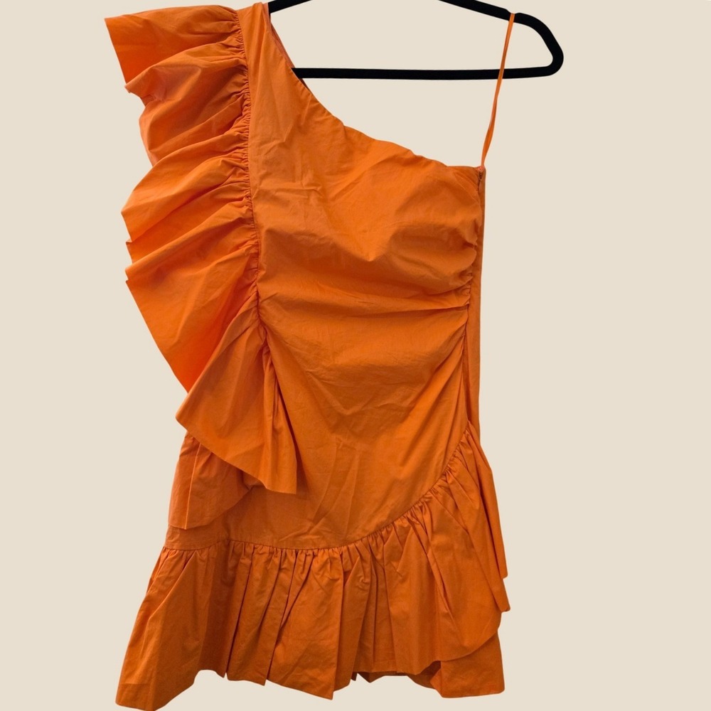Lena One Shoulder Ruffle Mini Dress Orange Cotton Ruched Party ADM158513‎ Size M